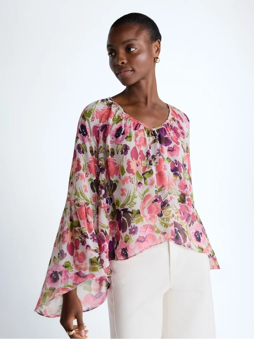 Scoop Women’s V-Neck Flowy Sheer Asymmetrical Desert Peony Top NWT